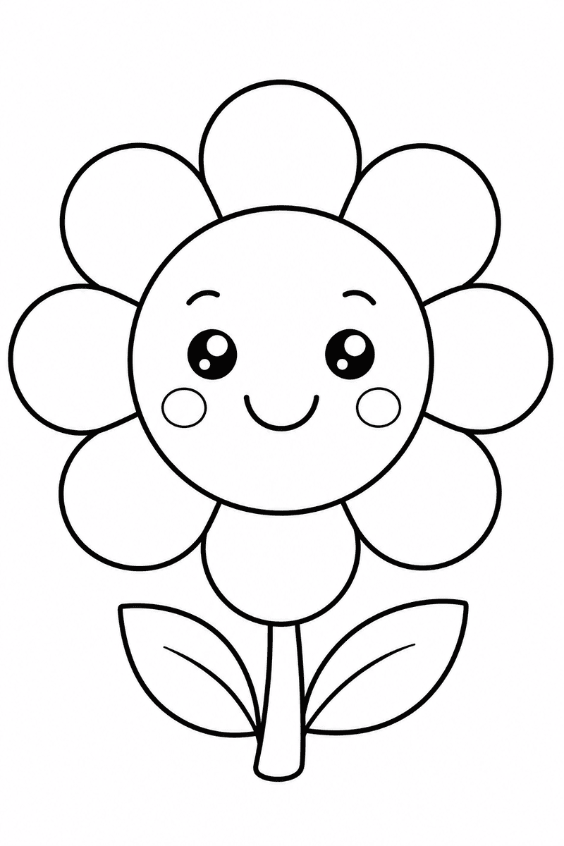Easy flower coloring page for kids featuring a large smiling flower with rounded petals, two leaves and thick simple outlines