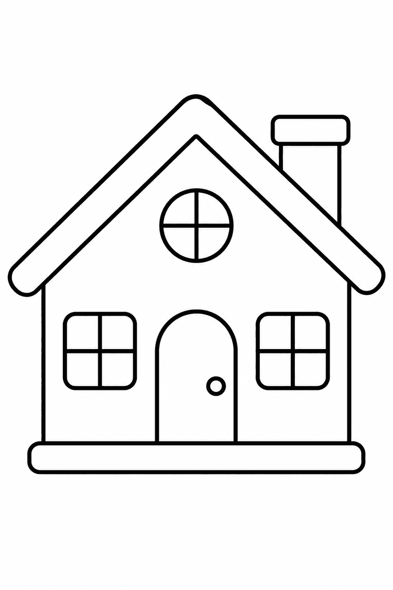 Easy house coloring page for kids featuring a simple home with a large roof, chimney, door, windows and thick outlines