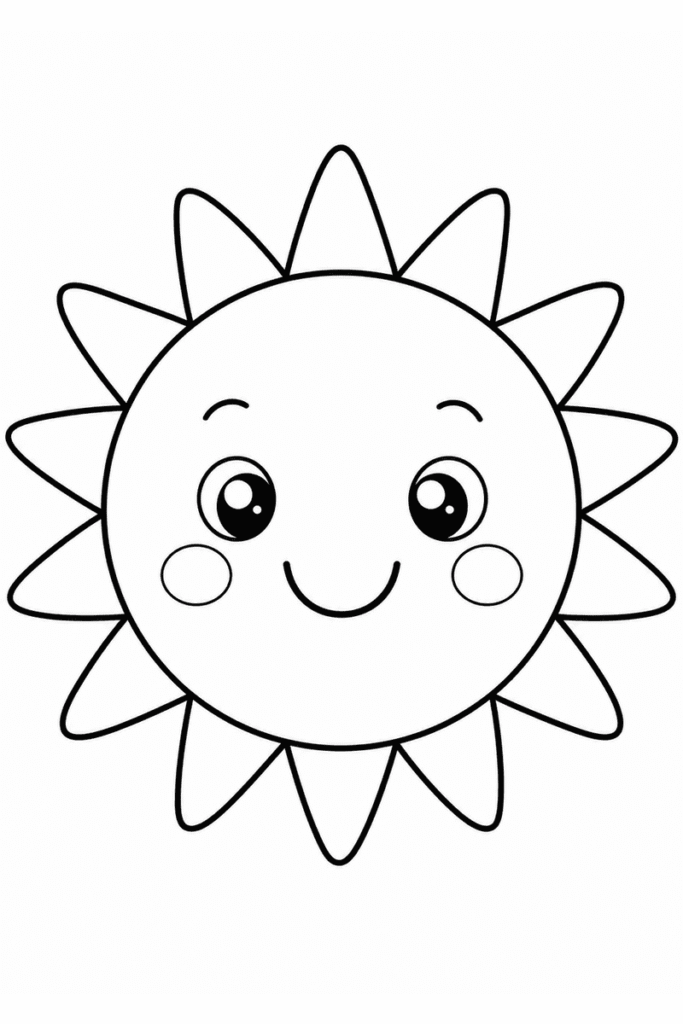 Easy smiling sun coloring page for kids featuring a large happy sun with thick outlines and simple rays