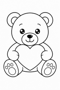 Easy teddy bear with heart coloring page for kids featuring a large sitting bear holding a heart with thick simple outlines
