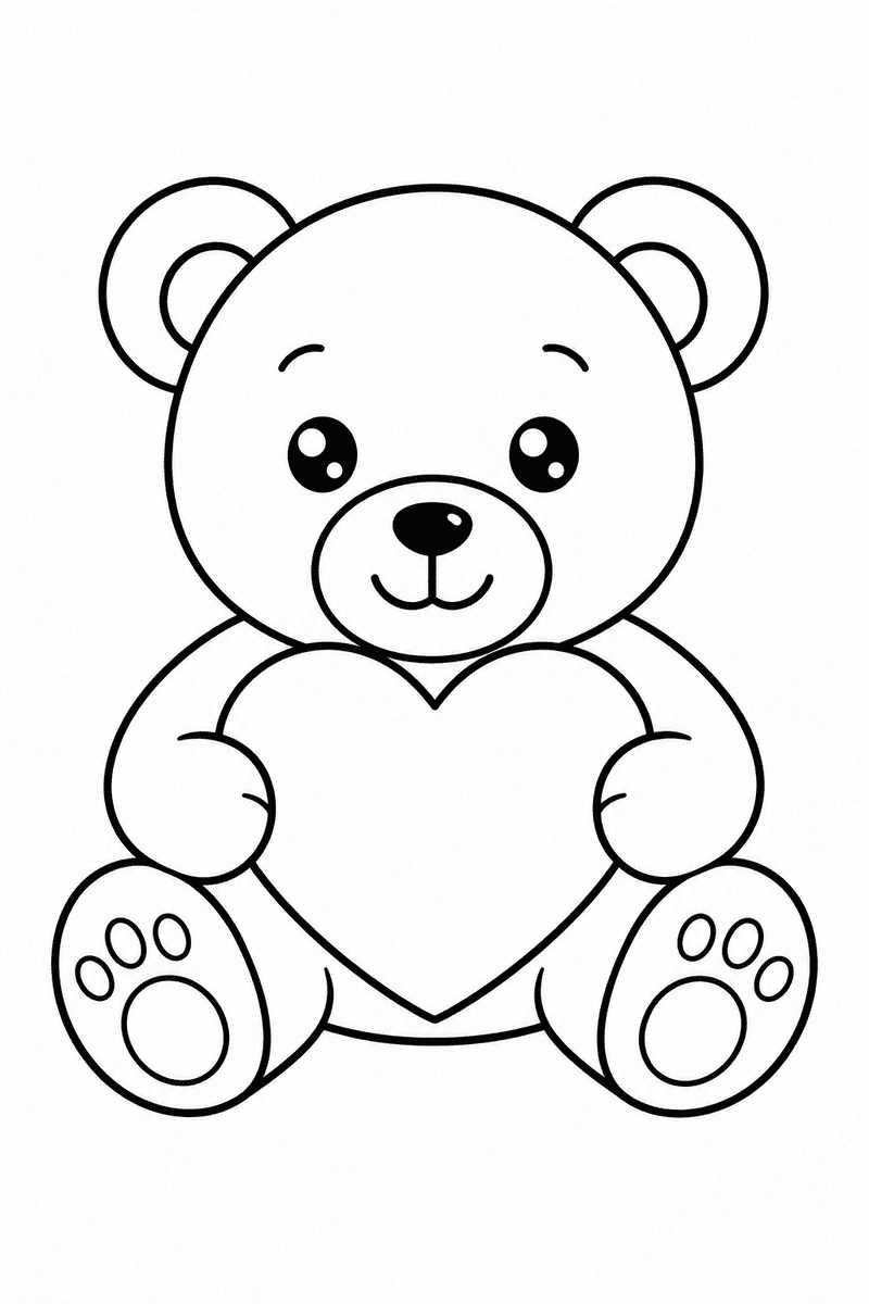 Easy teddy bear with heart coloring page for kids featuring a large sitting bear holding a heart with thick simple outlines