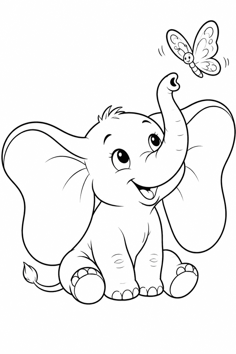 Elephant and butterfly coloring page for kids with a cute baby elephant reaching for a butterfly