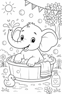 Elephant bath coloring page for kids with a cute elephant taking a bubble bath