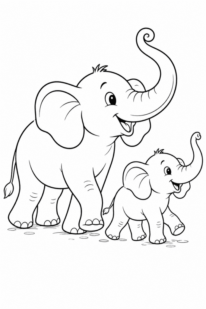 Elephant family coloring page for kids with a big elephant and baby elephant walking together
