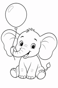 Elephant with balloon coloring page for kids with a cute sitting elephant holding a balloon