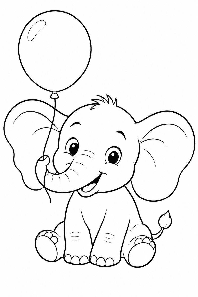 Elephant with balloon coloring page for kids with a cute sitting elephant holding a balloon