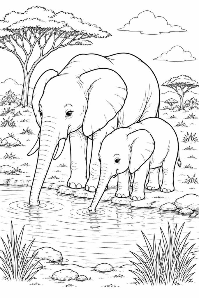 Elephants drinking water coloring page for kids with a mother elephant and baby elephant at a savanna waterhole