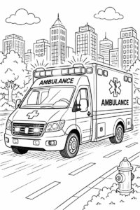 Emergency ambulance in the city coloring page for kids featuring a detailed ambulance driving with flashing lights past buildings, trees and a fire hydrant