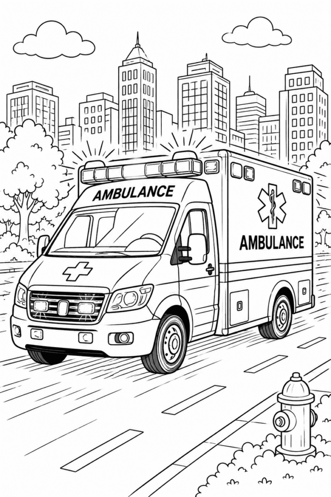 Emergency ambulance in the city coloring page for kids featuring a detailed ambulance driving with flashing lights past buildings, trees and a fire hydrant