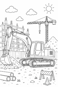 Excavator at construction site coloring page for kids featuring a tracked excavator beside a crane, unfinished building, pipes and safety barriers