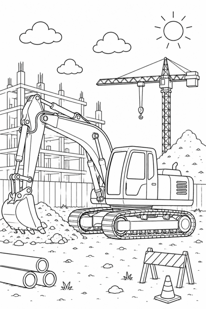 Excavator at construction site coloring page for kids featuring a tracked excavator beside a crane, unfinished building, pipes and safety barriers