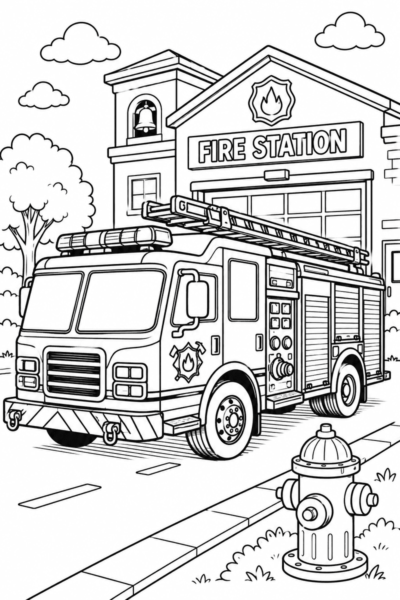 Fire truck at the fire station coloring page for kids featuring a fire truck parked in front of a fire station