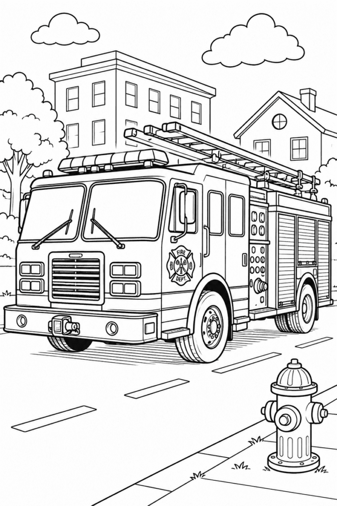 Fire truck coloring page for kids featuring a fire truck with a ladder on a city street