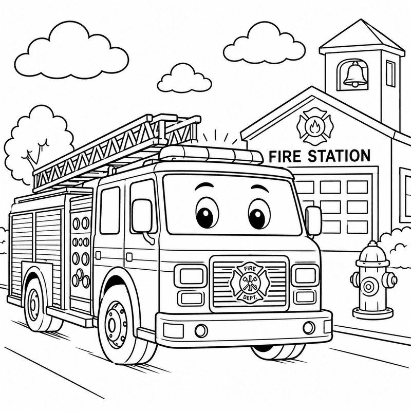 Fire truck coloring pages for kids featuring a smiling fire truck in front of a fire station