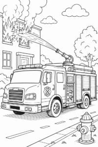 Fire truck spraying water coloring page for kids featuring a fire truck using a water cannon to put out a fire