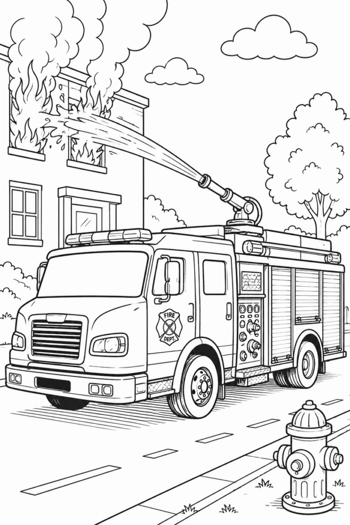 Fire truck spraying water coloring page for kids featuring a fire truck using a water cannon to put out a fire