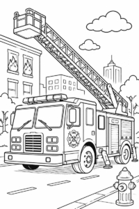 Fire truck with ladder coloring page for kids featuring a fire truck with a raised ladder near a building