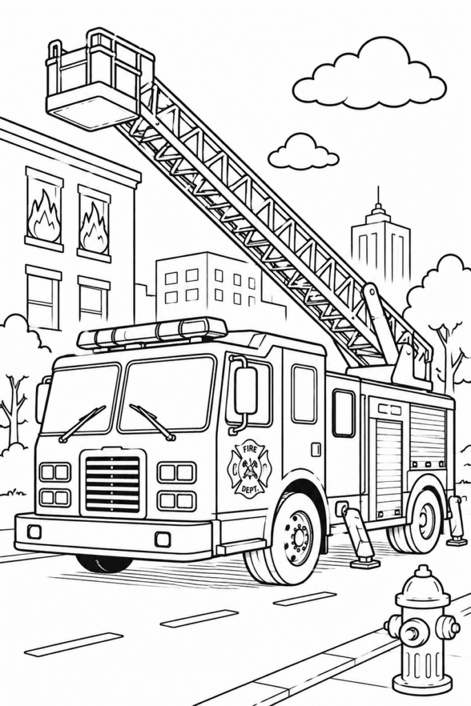 Fire truck with ladder coloring page for kids featuring a fire truck with a raised ladder near a building