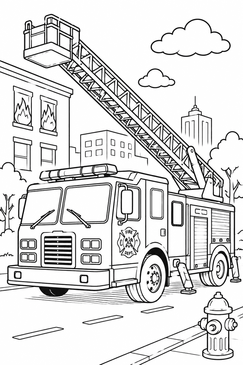 Fire truck with ladder coloring page for kids featuring a fire truck with a raised ladder near a building