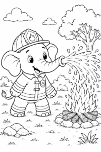 Firefighter elephant coloring page for kids with a cute elephant spraying water on a small fire