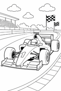 Formula race car coloring page for kids featuring a number 1 open-wheel race car on a racetrack with flags