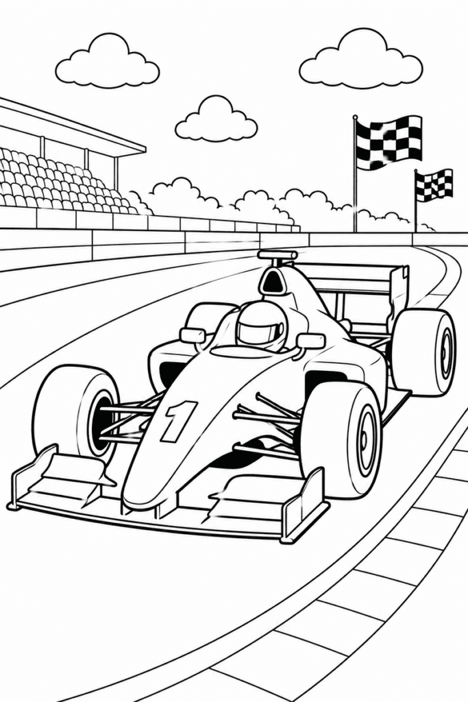 Formula race car coloring page for kids featuring a number 1 open-wheel race car on a racetrack with flags