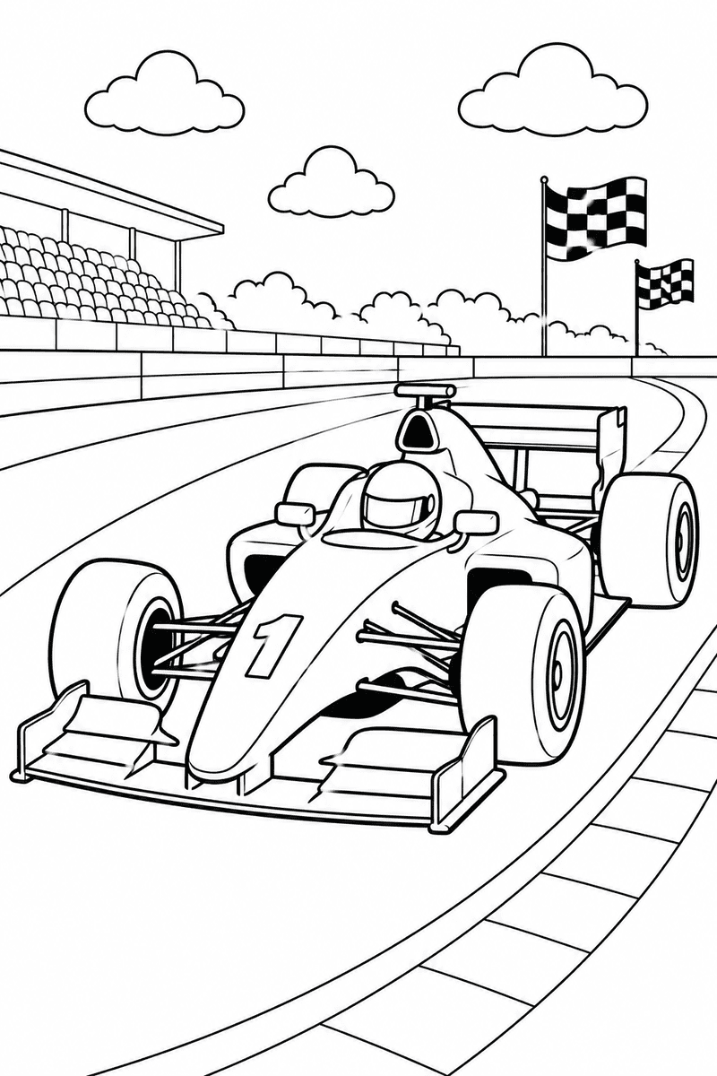 Formula race car coloring page for kids featuring a number 1 open-wheel race car on a racetrack with flags