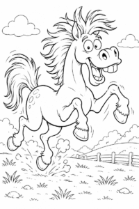 Funny cartoon horse coloring page for kids featuring a silly horse jumping in a field with a big smile