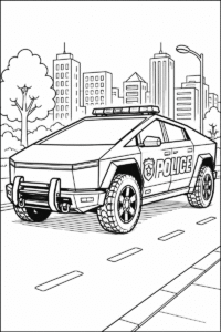 Futuristic police truck coloring page for kids featuring an angular police vehicle driving on a city street