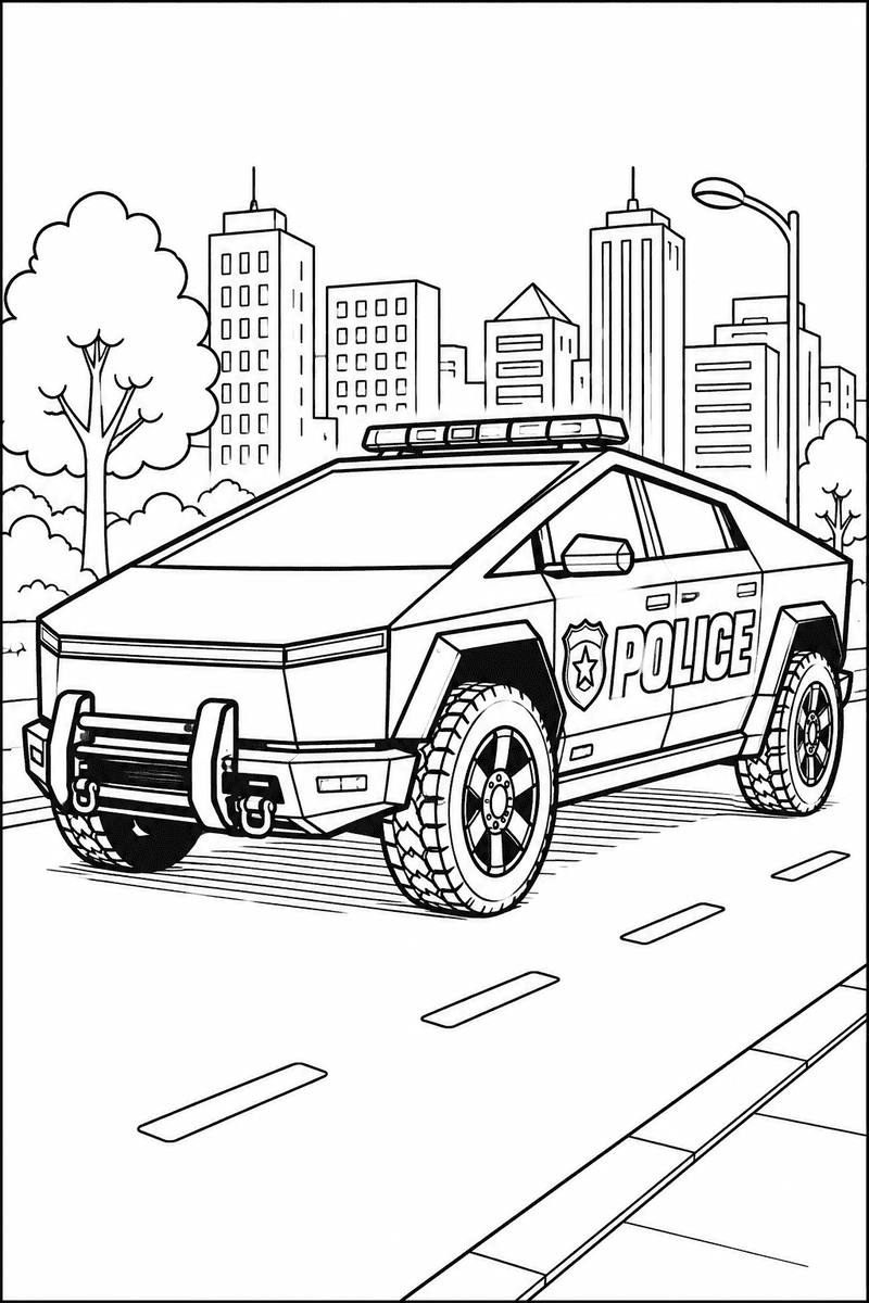 Futuristic police truck coloring page for kids featuring an angular police vehicle driving on a city street