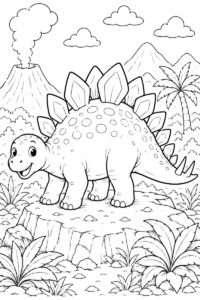 Happy Stegosaurus coloring page for kids featuring a smiling dinosaur standing on rocks near a volcano