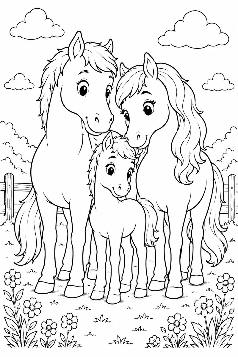 Horse family coloring page for kids with two adult horses and a baby foal standing together