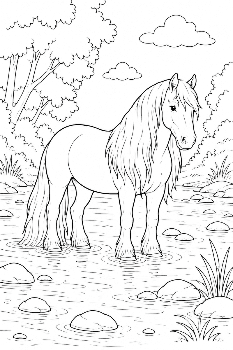Horse in a stream coloring page for kids featuring a calm horse standing in shallow water with rocks and trees
