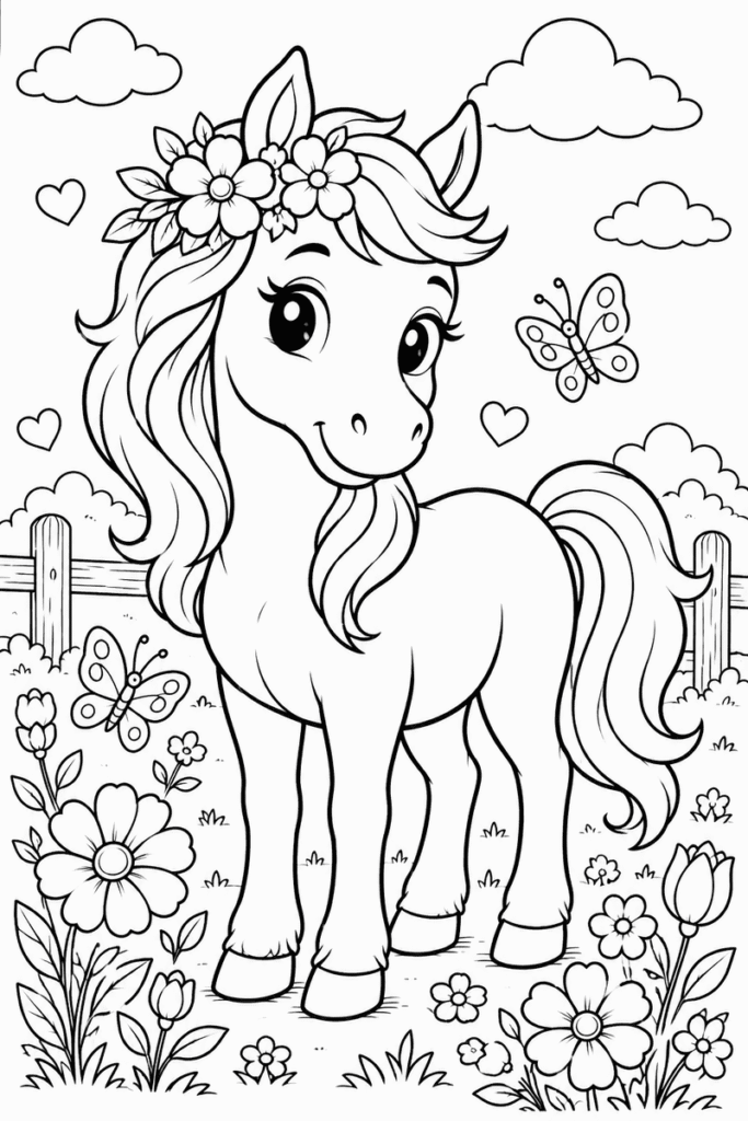 Horse with flowers coloring page for kids with a cute horse standing near flowers