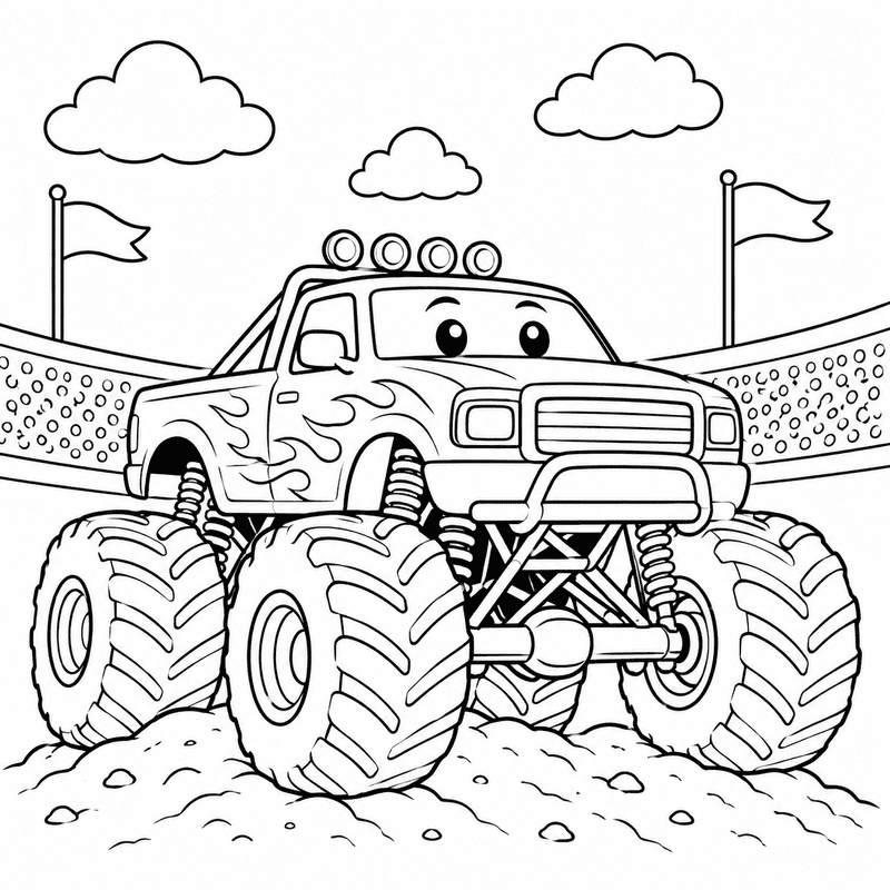 Monster truck coloring pages for kids featuring a big monster truck with giant tires in a stadium scene