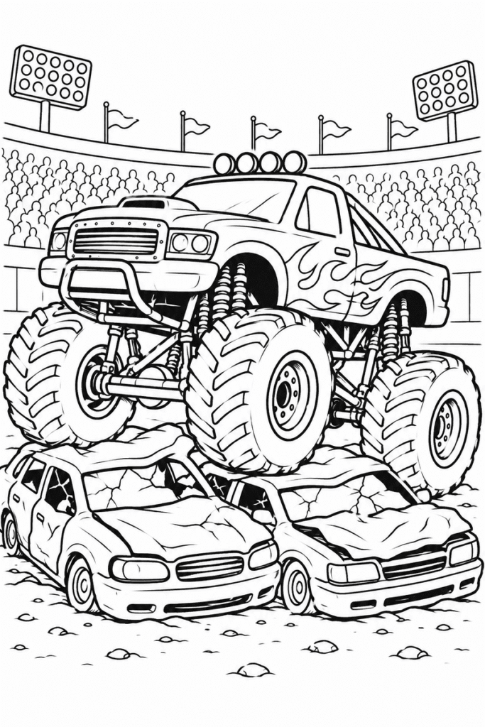Monster truck crushing cars coloring page for kids featuring a giant monster truck driving over crushed cars in a stadium