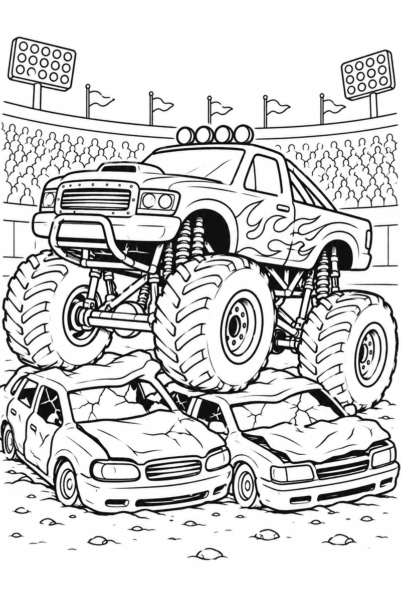 Monster truck crushing cars coloring page for kids featuring a giant monster truck driving over crushed cars in a stadium