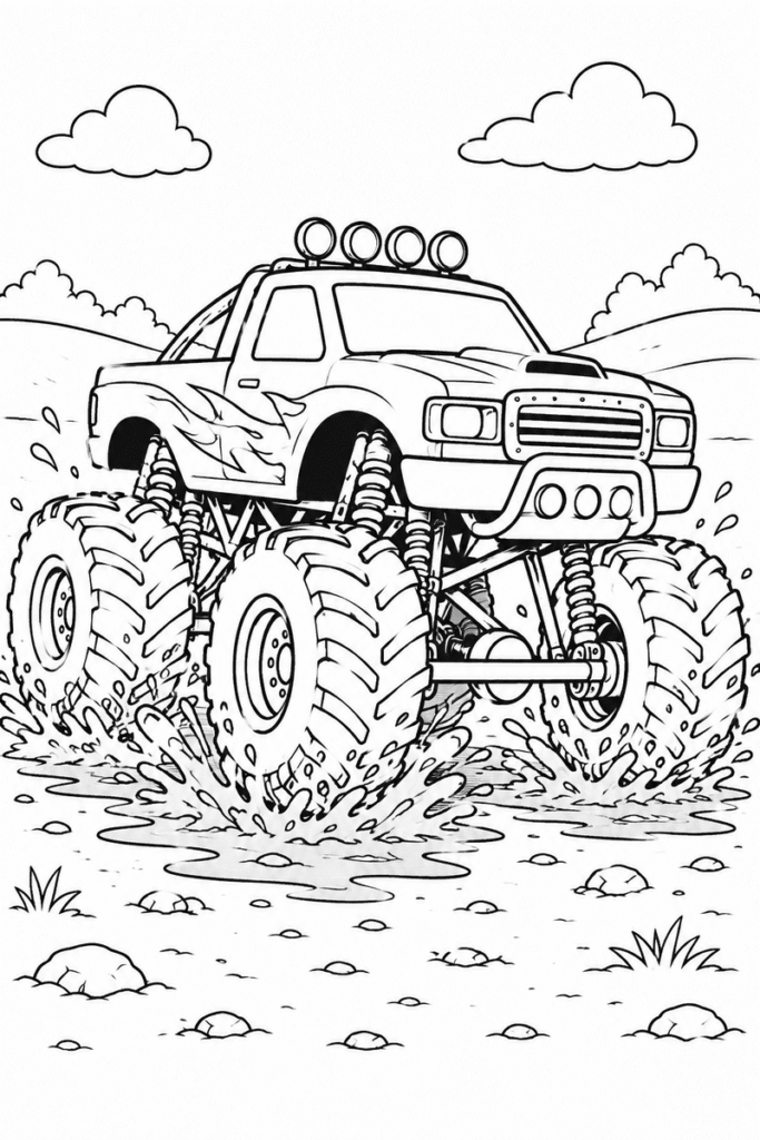 Monster truck in mud coloring page for kids featuring a giant off-road truck driving through muddy water
