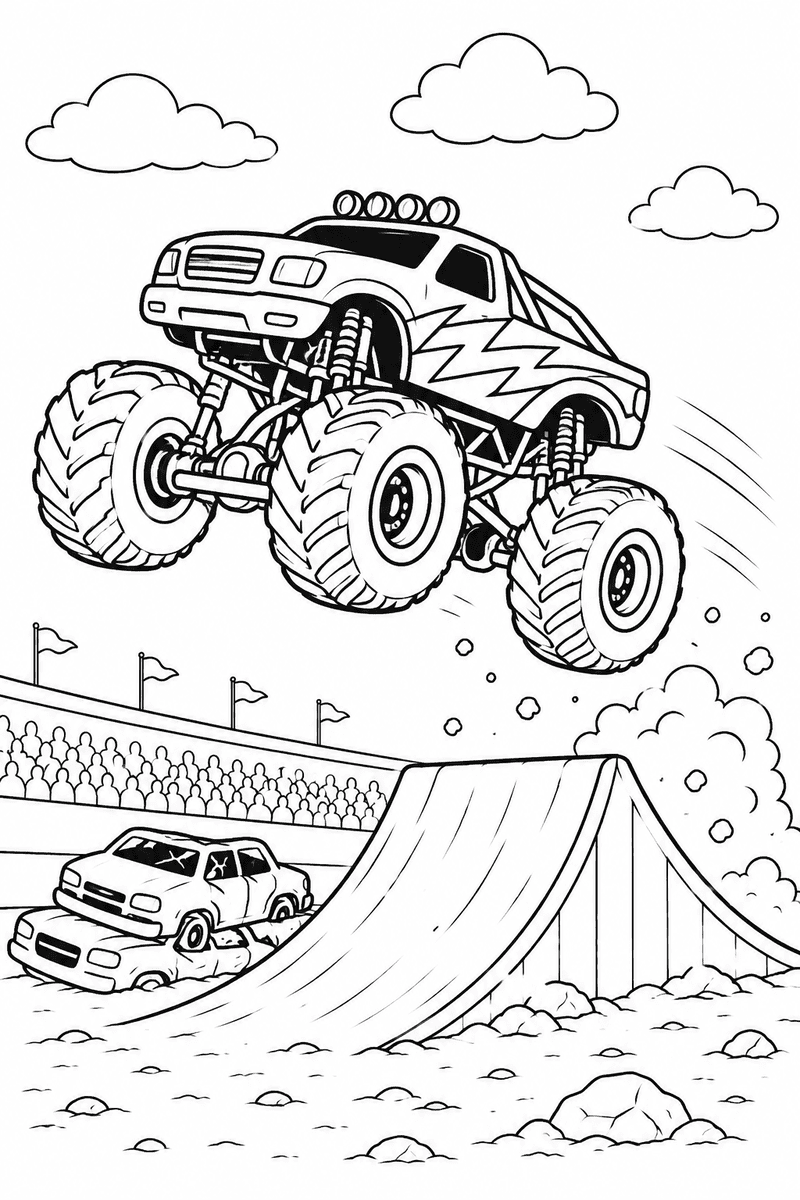 Monster truck jump coloring page for kids featuring a giant truck jumping over a ramp in a stadium