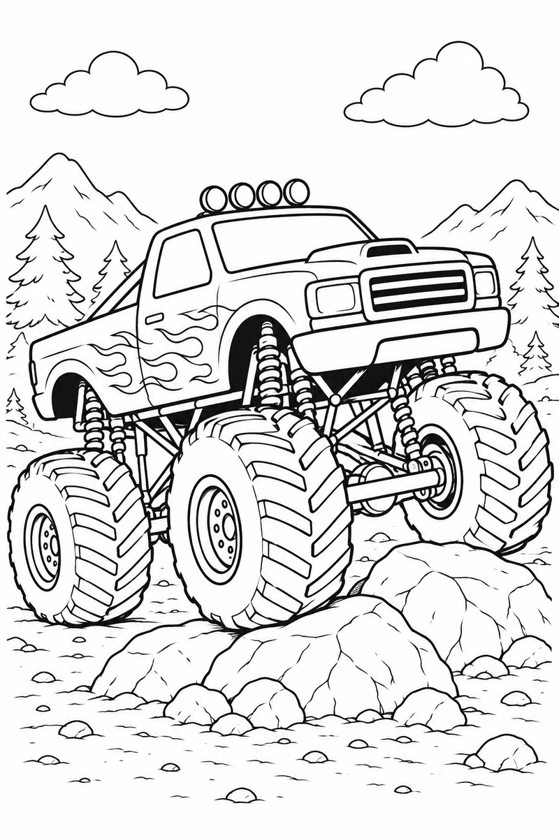 Monster truck on rocks coloring page for kids featuring a giant off-road truck driving over rocky terrain
