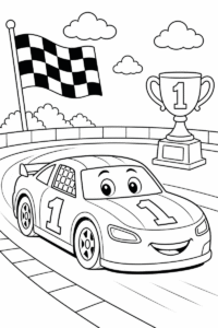 Number 1 race car coloring page for kids featuring a smiling race car on a racetrack with a trophy and checkered flag