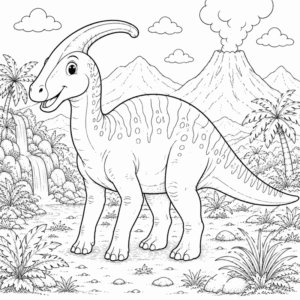 Parasaurolophus coloring pages for kids thumbnail featuring a cute crested dinosaur in a prehistoric landscape
