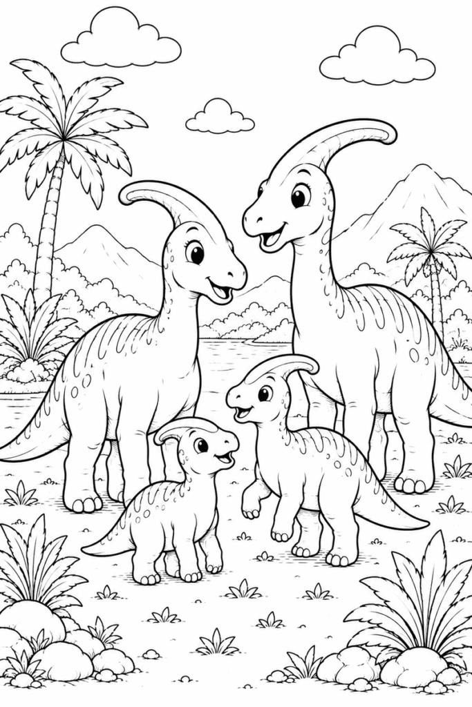 Parasaurolophus family coloring page for kids featuring two adult dinosaurs and two baby Parasaurolophus near a peaceful lake