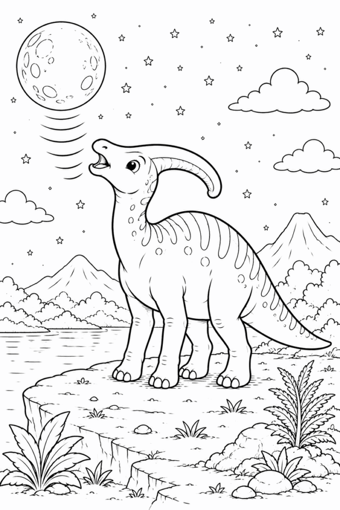 Parasaurolophus howling at the moon coloring page for kids featuring a dinosaur under a night sky with stars