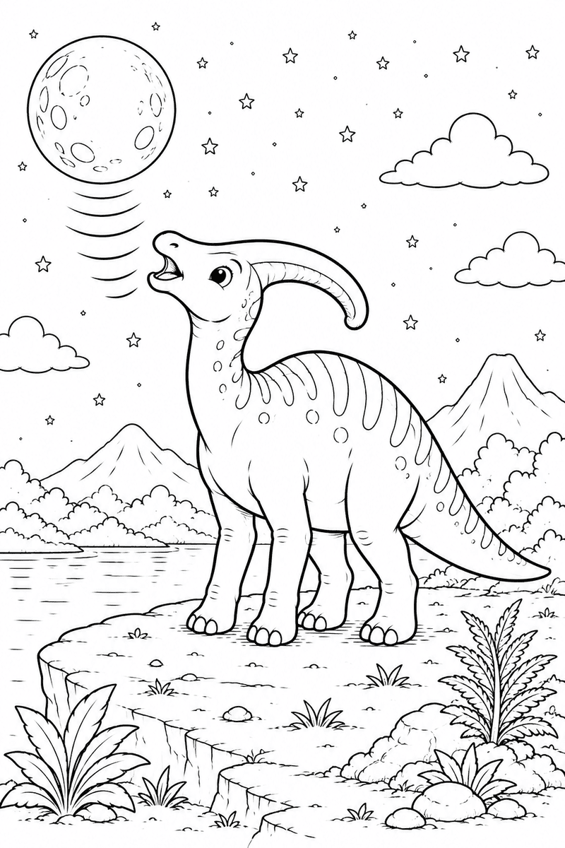 Parasaurolophus howling at the moon coloring page for kids featuring a dinosaur under a night sky with stars