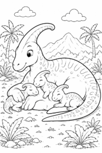 Parasaurolophus mother and babies coloring page for kids featuring a mother dinosaur resting with three baby dinosaurs cuddling
