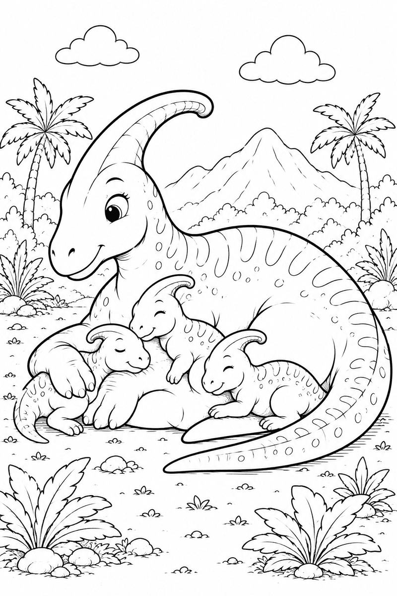 Parasaurolophus mother and babies coloring page for kids featuring a mother dinosaur resting with three baby dinosaurs cuddling
