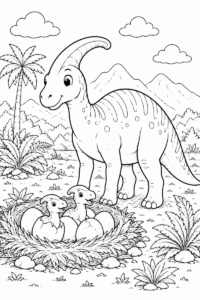 Parasaurolophus mother and nest coloring page for kids featuring an adult dinosaur standing near baby dinosaurs hatching from eggs