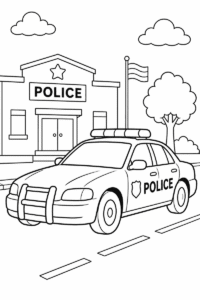 Police car coloring page for kids featuring a police car in front of a police station