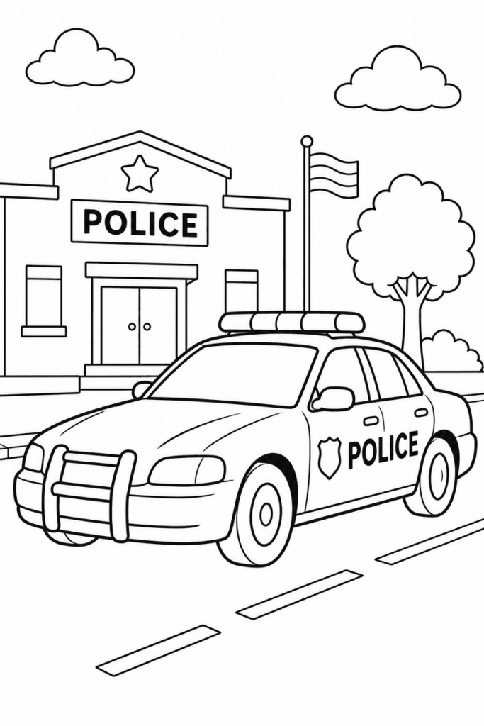 Police car coloring page for kids featuring a police car in front of a police station